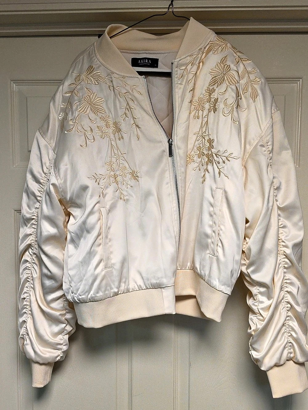 AKIRA Label Embroidered Monotone Oversize Bomber Cream & Gold XL